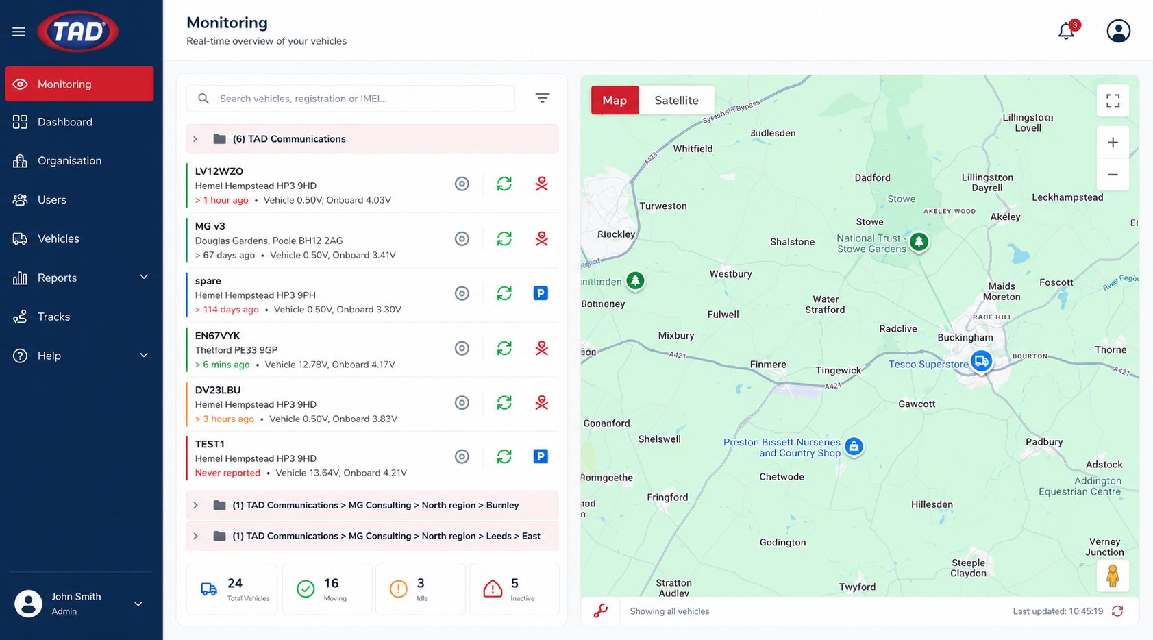 The TAD tracker monitoring dashboard: vehicle list on the left, live map on the right