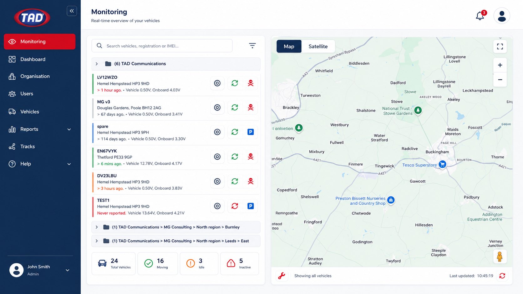 TAD tracker Monitoring screen showing the vehicle list and live map