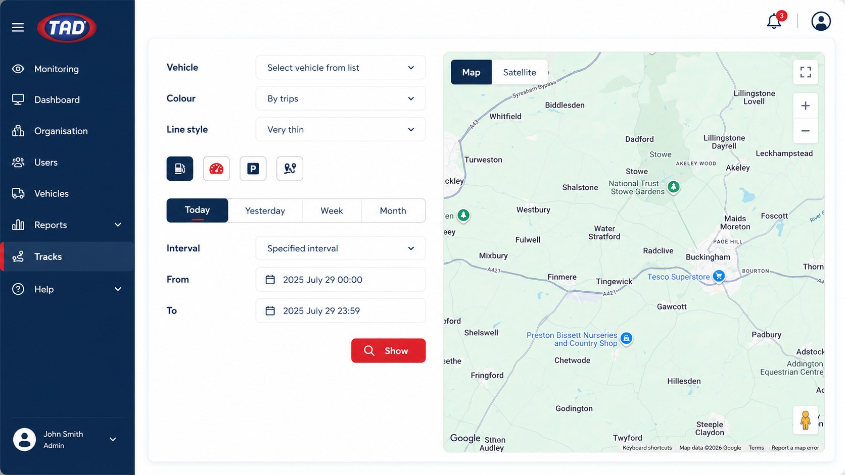 Tracks screen with vehicle, colour, line style and date interval filters beside a map